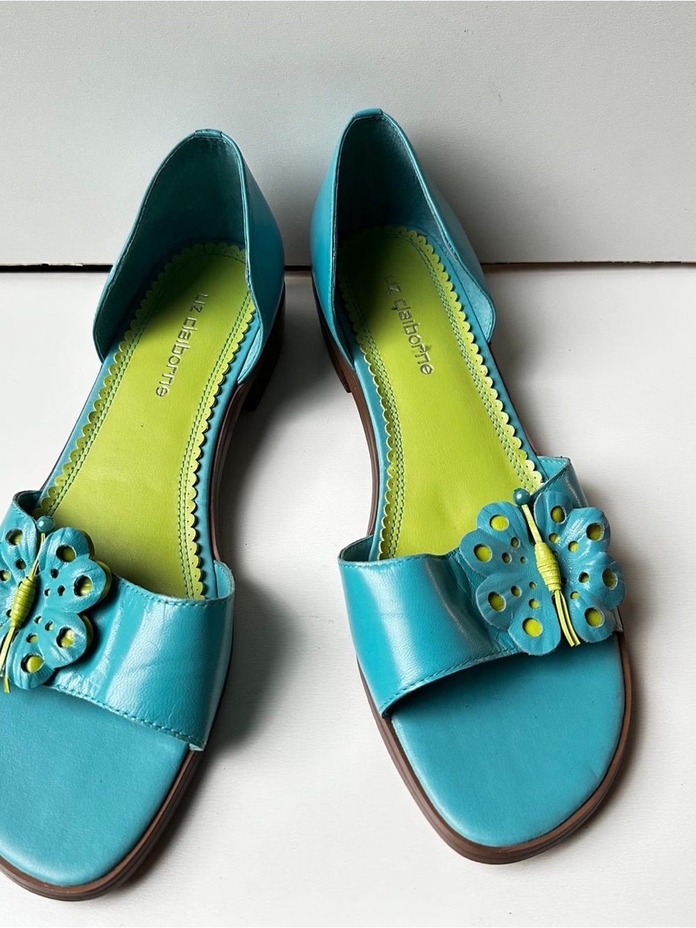 Vtg Liz Claiborne Teal Turquoise Butterfly Flower Flat Sandals D'Orsay Sz 8.5